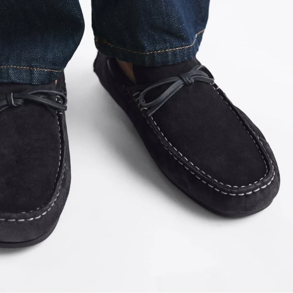 NWT. Zara Navy Blue Suede Moccasins/Leather Loafers. Size 10.